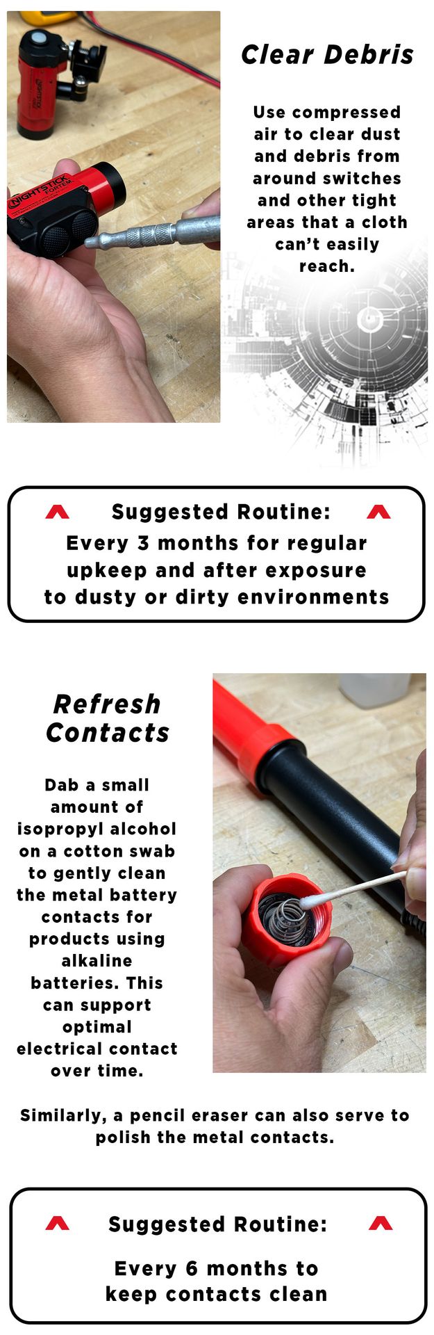 Cleaning debris, and refreshing contacts