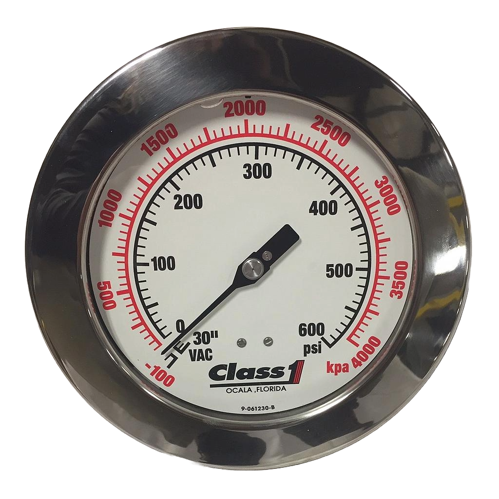 Class 1 - 6'' white face gauge, -30 to 600psi *Sale*
